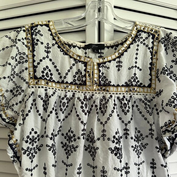 J Crew Embroidered Eyelet Flutter Top Blouse Shirt White Black Gold Small - Picture 3 of 9